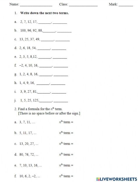 Sequence worksheet for Year 9 or 10 Year 9 Worksheets, Number Sequence Worksheet, Arithmetic Sequences Activities, Math Sequence, Year 9 Maths Worksheets, Sequence Worksheet, Arithmetic Progression, Arithmetic Sequences, Sequence And Series