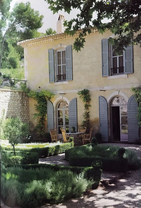 Front facade of French Country House with Provence Blue shutters. French Country Houses, Provence House, Farmhouse Shutters, Blue Shutters, French Exterior, French Style Homes, Casas Coloniales, Shutters Exterior, Casa Exterior