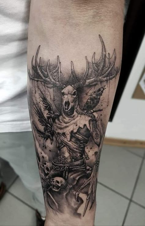 Witcher Sleeve Tattoo, Skin Walker Tattoo, Druid Tattoo Ideas, The Witcher Tattoo Design, Skeleton Shoulder Tattoo, Leshen Witcher Tattoo, Skinwalker Tattoo, Dark Sleeve Tattoo Men, Witcher Tattoo Design