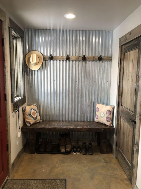 Galvanized Tin Walls Mudroom, Galvanized Metal Half Wall, Corrugated Metal Wall Laundry Room, Metal Shower Walls Corrugated Tin, Corigated Metal Walls Rustic, Corigated Metal, Galvanized Tin Walls, Barn Tin Wall, Galvanized Bathroom