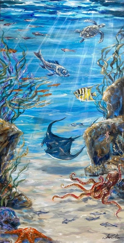 Under The Ocean Drawing, Under Ocean Painting, Under Sea Painting, Undersea Drawing, Ocean Life Drawings, Undersea Painting, Ocean Life Painting, Under Water Painting, Ocean Murals