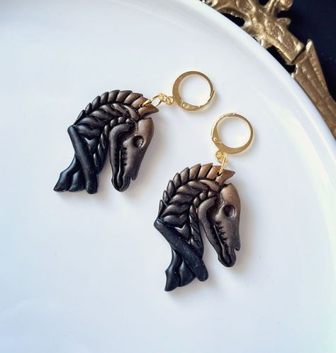 Skeleton Horse, Horse Skull, Dark Jewelry, Horse Earrings, Gold Horse, Jewelry Gothic, Dark Grunge, Earrings Polymer Clay, Dark Horse