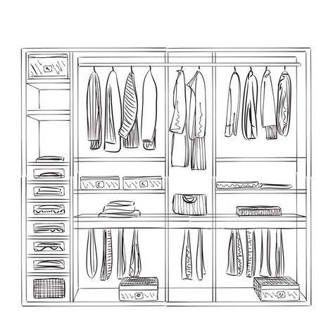 Apartment Sketch Drawings, Closet Sketch, Wardrobe Design Sliding Doors, Wardrobe Sketch, Modern Wardrobe Design Sliding Doors, Built In Wardrobe Designs, Floor Plan Sketch, Modern Wardrobe Design, White Spaces