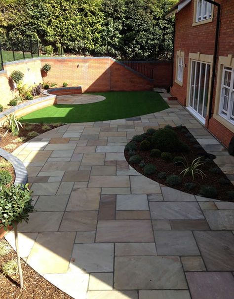 Garden Design Portfolio. Award Winning Work by Recliffe Landscape Gardeners Half Patio Half Grass Garden, Long Driveway Landscaping, Patio Aesthetic, Artificial Grass Backyard, Driveway Entrance Landscaping, Long Driveway, Paver Patios, Paving Ideas, Grass Garden