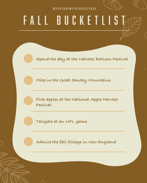 Fall travel ideas for a little wanderlust inspo!✈️ There are so many fun activities to check out in fall that are absolutely worht the road trip or flight, especially the Natchez Balloon Festival and the fall foliage in New England! 🍁 Balloon Festival, Apple Harvest, Fall Travel, Harvest Festival, Great Smoky Mountains, Travel Inspo, Fall Foliage, Travel Bucket List, Travel Bucket