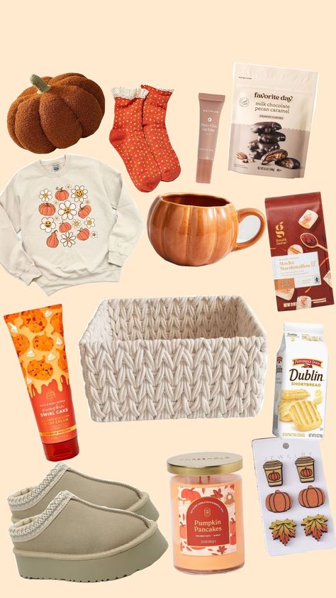 Fall Pumpkin Basket 🍂🤎🎃 Autumn Present Ideas, Friendsgiving Basket Ideas, Fall Giveaway Ideas, Fall Birthday Gift Ideas, Thankful Basket Ideas, Thankful Basket, Fall Birthday Gifts, Shapes Preschool Crafts, Fall Gift Basket Ideas