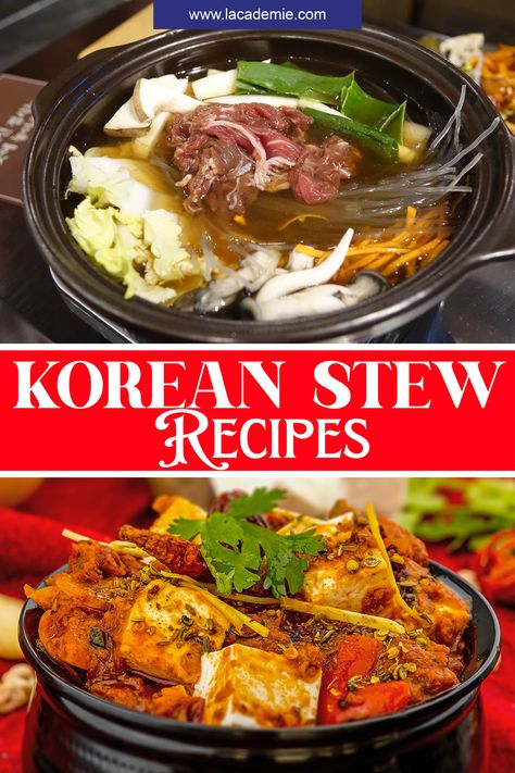 Korean Stew Recipes offer a variety of savory, spicy stews made with meat, vegetables, and a flavorful broth. Options include Kimchi Stew, Beef Stew, and Pork Belly Stew, served with rice for a warm and filling meal. Perfect for cold weather or as comfort food. Korean Stew Recipes, Asian Stew, Korean Stew, Kimchi Soup, Korean Beef Stew Recipe, Korean Fish Stew, Korean Seafood Stew, Kimchi Stew Recipe Vegetarian, Pork Kimchi Stew