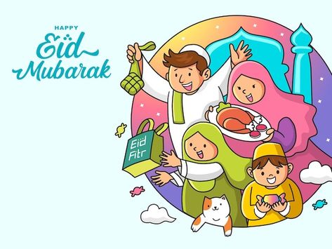 Activities Illustration, Aid El Fitr, Happy Eid Mubarak, Cartoon Image, Happy Eid, Eid Al Fitr, Iconic Photos, All Craft, Eid Mubarak