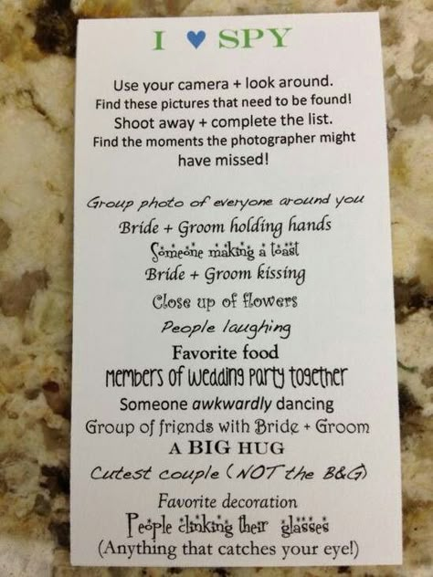 Photo scavenger hunt for wedding reception... Great to use for Instagram and/or disposable cameras on the tables!! Wedding Fotos, Disposable Cameras, Disposable Camera, Foto Tips, When I Get Married, Cute Wedding Ideas, Future Wedding Ideas, Wedding Games, I Got Married