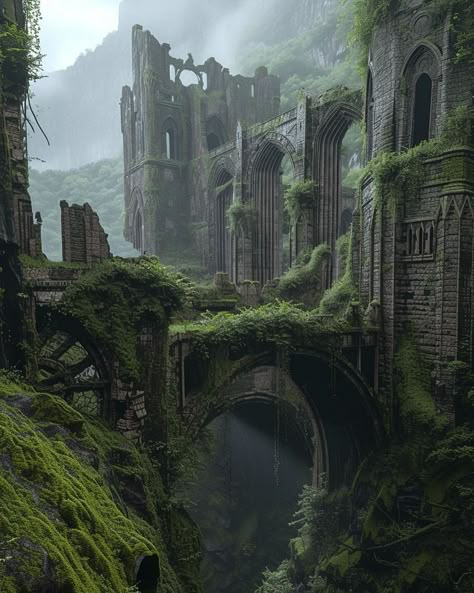 Ludenthran castle ruins. | Instagram Ruined Kingdom Aesthetic, Fantasy Ruined Castle, Dark Fantasy Landscape Ruins, Castle Ruins Fantasy Art, Ruined Castle Fantasy Concept Art, Abandoned Castle Fantasy Art, Castle Ruins Aesthetic, Fantasy Castle Ruins, Overgrown Temple