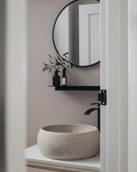 I N T R on Instagram: "Complete the subtle look of the bathroom with a round terrazzo stone basin, adding beauty and character to a clean space." Clean Space, Stone Basin, The Bathroom, Round Mirror Bathroom, Bathroom Mirror, Mirror, Stone, Furniture, On Instagram