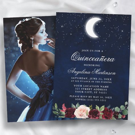 Celestial Moon Stars Floral Photo Quinceanera Invitation Starry Night Quinceanera Invitations, A Night Under The Stars Invitation, Navy Blue And Silver Invitations, Night Under The Stars Quinceanera, Stary Night Quince, Star Quinceanera Theme, Celestial Quinceanera, Midnight Blue Quinceanera Theme, Starry Night Invitation