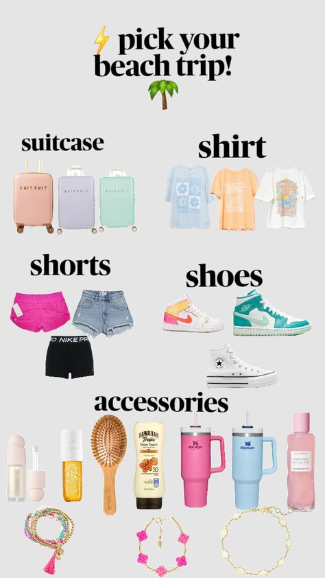 Pick your beach trip! #preppy Things To Bring To The Beach, Preppy Beach Bag, Trip Bags, Pack For The Beach, Summer Bag Essentials, What To Pack For Vacation, Suitcase Essentials, Road Trip Bag, Preppy Shuffles