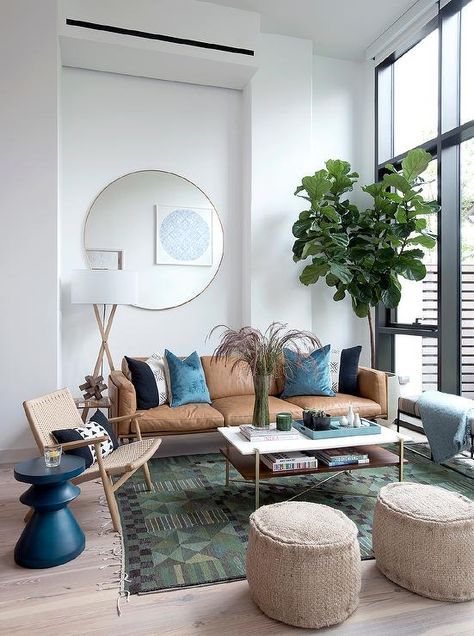 Summer Apartment, Soft Seating Area, Apartment 2023, Blue And Green Living Room, Living Room New York, Leather Couches, Leather Couches Living Room, Couches Living, Lakeside Living