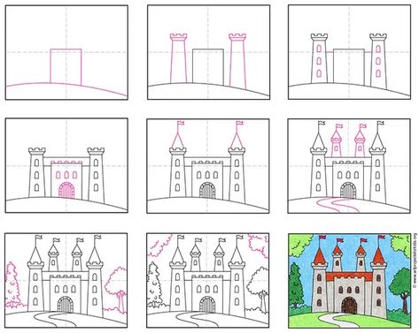 Castle Drawing Ideas, Draw Castle, Draw A Castle, Kids Drawing Ideas, Castle Coloring Page, Drawing Ideas For Kids, Kindergarten Art Lessons, Castle Drawing, Drawings For Boyfriend