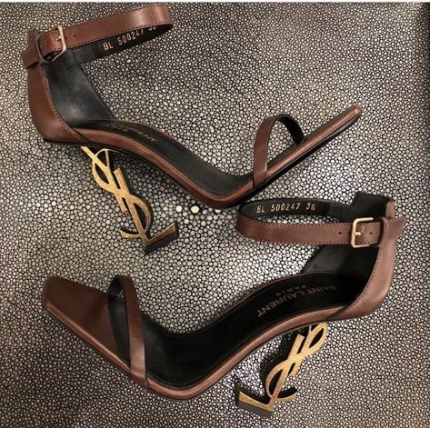 opyum 110 sandals in brown leather and gold tone metal - saint laurent Wedding Shoes Open Toe, Ysl Heels, Ysl Shoes, Brown Leather Heels, Girly Shoes, Aesthetic Shoes, Saint Laurent Shoes, Sandals Brands, Dream Shoes