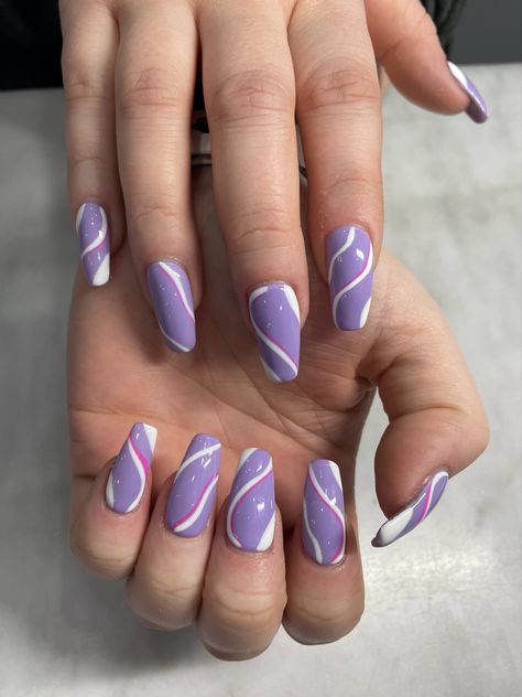 Pink White And Purple Nails, Pink Purple Nails, Lines Nails, White Tip Nails, Lilac Nails, Lines On Nails, Cute Acrylic Nail Designs, Nail Stuff, Wavy Lines