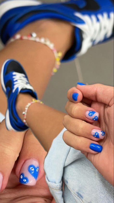 Como De Garcon Nails, Blue Comme Des Garcons Nails, Garcon Heart Nails, Commes De Garcon Nails, Comme Des Garcons Nails Blue, Hot Blue Nails, Valentines Day Nails Blue, Blue Short Nails Ideas, Des Garcons Nails