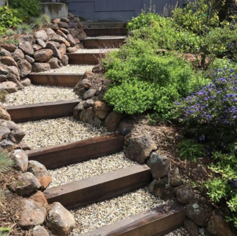 Slope Walkway Ideas, Yard With Hill Landscaping, Walking Trails Paths, Railroad Tie Steps On Slope, Landscaping Steps On A Slope, Landscape Stairs Sloped Yard, Paver Steps On Slope, Backyard Hill Landscaping, Sloped Backyard Landscaping