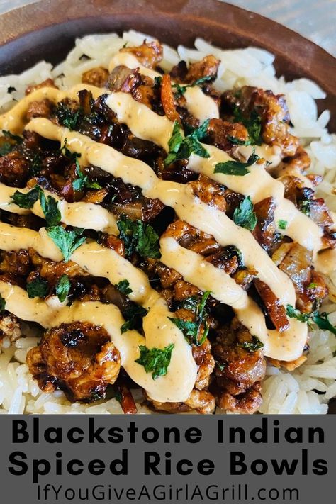 ground stir fry served over rice drizzled with sauce Indian Spiced Rice, Blackstone Dinner, Blackstone Grill Recipes, Dinner Grill, Blackstone Recipes, Grilling Ideas, Spiced Rice, Indian Rice, Griddle Recipes