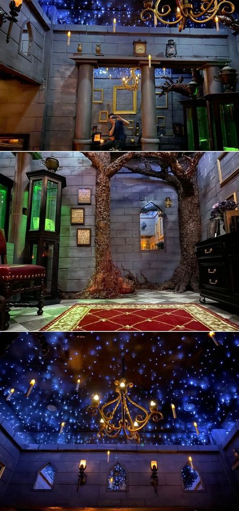 Brian Thompson, a barista in Thousand Oaks, California, has created the most enchanting bedroom by transforming it into the magical world of Hogwarts. His Hogwarts bedroom is a mesmerizing blend of “Forbidden Forest”, the Great Hall and Gryffindor Common Room from the Harry Potter movie series. Hogwarts Great Hall Ceiling, Great Hall Decorations Harry Potter, Hogwarts Office Ideas, Hogwarts Inspired House, Hogwarts Ceiling, Hogwarts Room Ideas, Hogwarts Themed Bedroom, Harry Potter Ceiling, Harry Potter Office Decor