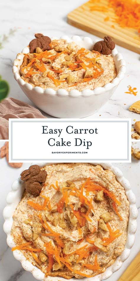 The perfect combination of cream cheese, carrots and spices, this Carrot Cake Dip is the perfect dessert for Easter and spring celebrations! Spring Desserts Easter, Carrot Cake Dip Recipe, Carrot Cake Dip, Cake Dip Recipe, Cheese Carrots, Dessert For Easter, Peeps Recipes, Easter Rice Krispie Treats, Mouthwatering Desserts