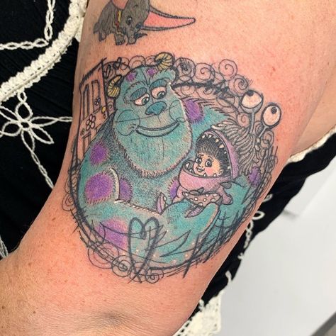 💖 Rachel Halsey 💖 on Instagram: “Sully and Boo (with Boo’s door peeking out of the left corner) thank you again @toothless50! It’s always lovely to see you and thank you…” Boo And Sully Tattoo, Sully Tattoo, Monsters Inc Tattoo, Sully And Boo, Sully Monsters Inc, Monsters Inc Boo, Monster Tattoo, Disney Tattoos, Cath Kidston