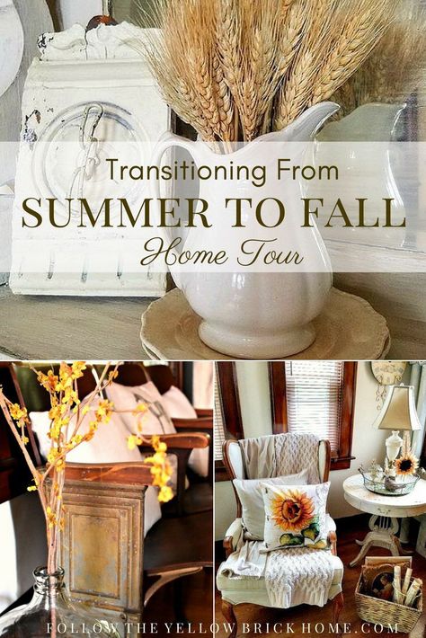 Beautiful ideas for transitioning from late summer to early fall in decor.    Early fall home decor French Country Farmhouse Vintage Style Fall Home Tour Home Decor French Country, Country Fall Decor, Fall Home Tour, Summer Mantle Decor, Farmhouse Vintage, Fall Country, French Country Farmhouse, Summer To Fall, Summer Home Decor