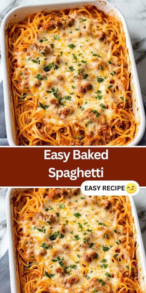 Discover the ultimate comfort food with this Easy Baked Spaghetti recipe. Perfect for busy weeknights, this dish features layers of tender pasta, savory ground beef, and a rich marinara sauce, all topped with a blend of melted mozzarella, cheddar, and Parmesan cheese. Simple to make and loaded with flavor, this baked spaghetti is a crowd-pleaser that’s sure to become a family favorite. Baked Cheese Spaghetti, Recipes For Baked Spaghetti, Baked Spaghetti With Cream Of Mushroom, Homemade Baked Spaghetti, Spaghetti Oven Bake, Bake Spaghetti Recipe Easy, Mozzarella Baked Spaghetti, How To Make Baked Spaghetti, Spaghetti And Cheese Recipe