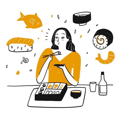 Hand drawn woman happily eating sushi Sushi Drawing, Eating Sushi, Doodle Characters, Animal Icon, Hand Drawn Vector Illustrations, Japanese Cartoon, Simple Illustration, Illustration Character Design, Editorial Illustration