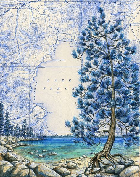 My original Lake Tahoe painting on a vintage topography map is available in a variety of print options. Vertical/portrait orientation.  Please see first image to view entire painting. Matted Prints:    -5x7"  print in 8x10" mat (some cropping of the image occurs to fit this size)    -8x10" print in 11x14" mat    -12x16" print in 16x20" mat Matted prints are quality matte archival prints and come signed with cardboard backing in a protective plastic sleeve.  Mat sizes are easy to find standard frame sizes.  The image sizes are approximate and printed to fit the mat. If you plan to remove the mat, please contact me to make sure the image size will work for you. Giclee print: -16x20", 24x30" or 30x40". These giclees are a high quality fine art print on Somerset Velvet paper, a thick textured Tahoe Painting, Topography Map, Emerald Bay, Lake Art, Print Illustration, California Art, Hippie Art, Map Painting, Lake Tahoe