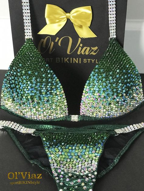 Green Bikini Metallic Spandex with Crystals/Competition | Etsy Figure Competition Diet, Figure Competition Suits, Figure Suits, Posing Suits, Figure Competition, Competition Suits, Rhinestone Top, Jewelry Connectors, Wedding Dresses Photos