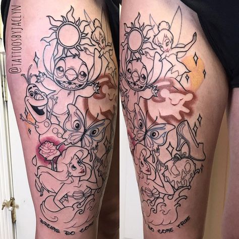 3,052 Likes, 54 Comments - Jackie Huertas  (@tattoosbyjaclyn) on Instagram: “Soooo I started a thing today!!! This is Laura's first tattoo!!!!  she didn't flinch once! This…” Disney Thigh Tattoo, Tattoos Disney, Disney Sleeve Tattoos, Fairy Star, Tato Tradisional, Disney Sleeve, Harry Potter Tattoos, Skeleton Hand Tattoo, Disney Tattoo