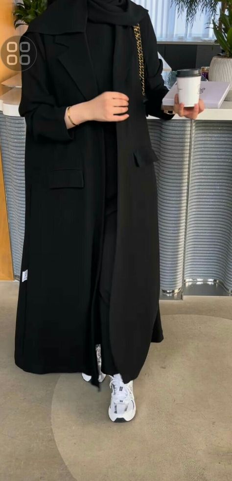 Abaya University, Abaya With Coat, Black Abaya Outfit, Modern Abaya Style, Coat Style Abaya, Abaya Fashion Black, Luxurious Abaya, Coat Abaya, Abaya Coat