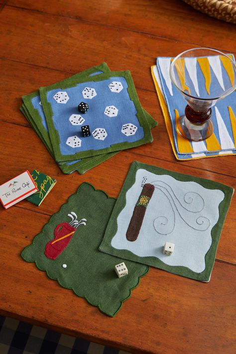 Dice Cocktail Napkins, French Blue & Green, Set of 6 - New – Elizabeth Lake Ranch Gifts, Blue Fruits, Welcome To The Party, French Blue, Fine Linens, Play House, Hand Embroidery Designs, Cocktail Napkins, Embroidery Details