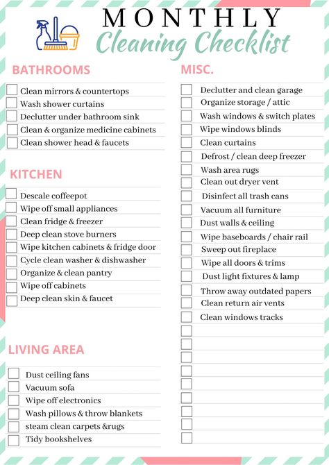 Once A Month Cleaning List, Organizing Checklist Printables, Bathroom Checklist, Monthly Cleaning Checklist, Bathroom Cleaning Checklist, Room Cleaning Tips, Daily Cleaning Checklist, Monthly Cleaning, Cleaning Checklist Printable