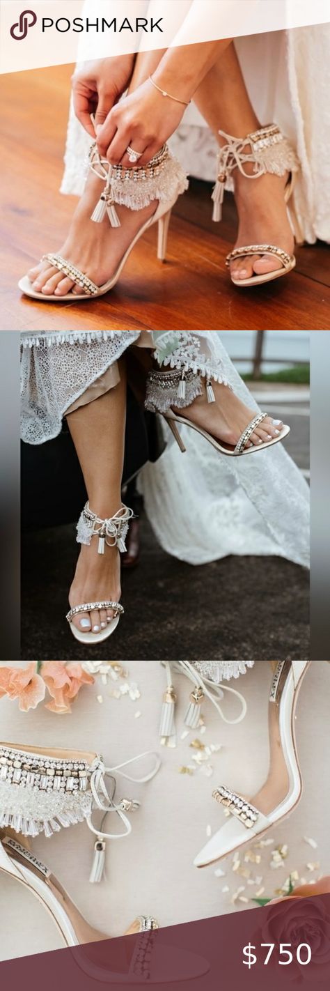 Badgley Mischka Katrina Embellished Satin High Heel Wedding Sandal NEW U… Badgley Mischka Shoes, Wedding Sandals, Heel Caps, Beaded Trim, Badgley Mischka, My Collection, High Heel, Open Toe, Not Available