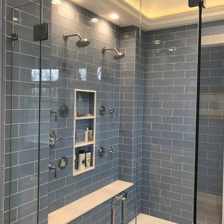 Double Shower Ideas - Photos & Ideas | Houzz Dual Shower Heads Master Baths, Double Shower Ideas, Walk In Shower Dimensions, Double Shower Head Master Baths, Transitional Bathroom Design, Shower Renovation, Bathroom Transformation, Home Hall Design, Double Shower