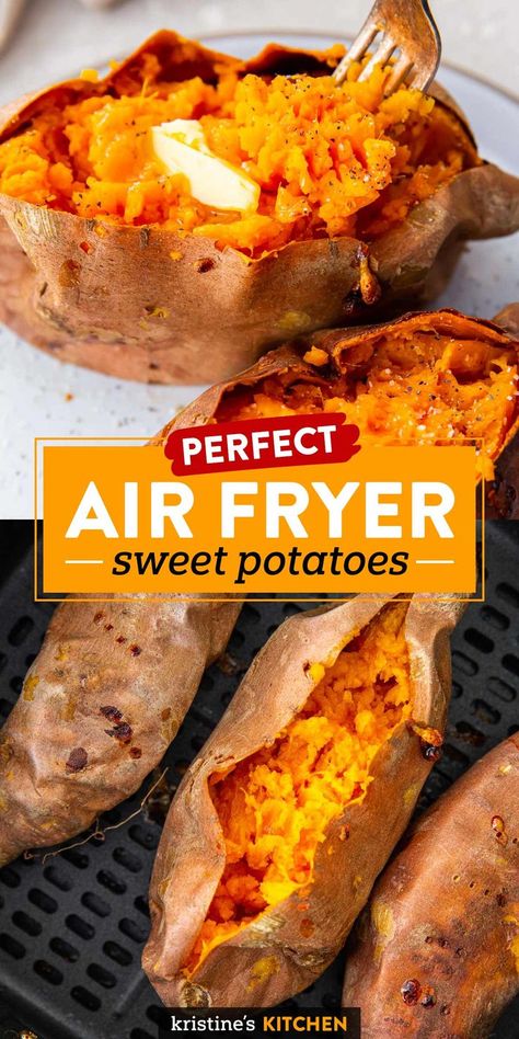 Air Fryer Sweet Potatoes, Perfect Baked Sweet Potato, New Air Fryer Recipes, Sweet Potato Recipes Baked, Friends Recipes, Baked Sweet Potatoes, Air Fryer Oven Recipes, Air Fry Recipes, Stuffed Sweet Potato Healthy