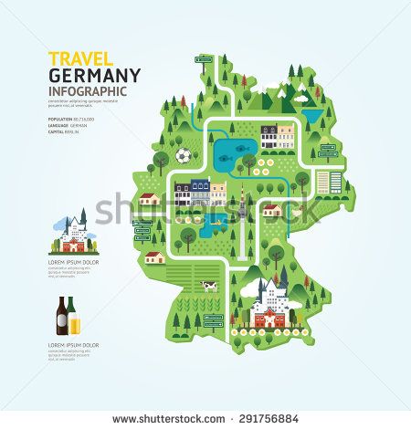 Infographic travel and landmark germany map shape template design. country navigator concept vector illustration / graphic or web design layout. - stock vector Arabic Posters, Map Inspiration, Travel Infographic, Infographic Map, Map Illustration, Germany Map, Concept Map, Shape Templates, Town Map