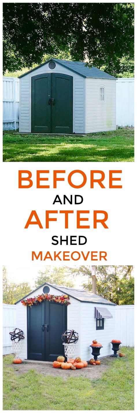 Have you ever thought about making over your garden shed? Here's a before and after of how we transformed our garden shed with paint and a new awning. #outdoordecor #outdoorinspirations #gardenshed #gardenshedideas #gardensheddesigns #beforeandafter #paint #diyhomedecor Decorating A Shed Exterior, Outdoor Shed Decorating Ideas, How To Decorate A Shed Outside, Decorating Outside Of Shed, Resin Shed Makeover, Cute Garden Shed Ideas, Decorate Shed Exterior, Outdoor Shed Decor, Landscaping Around A Shed