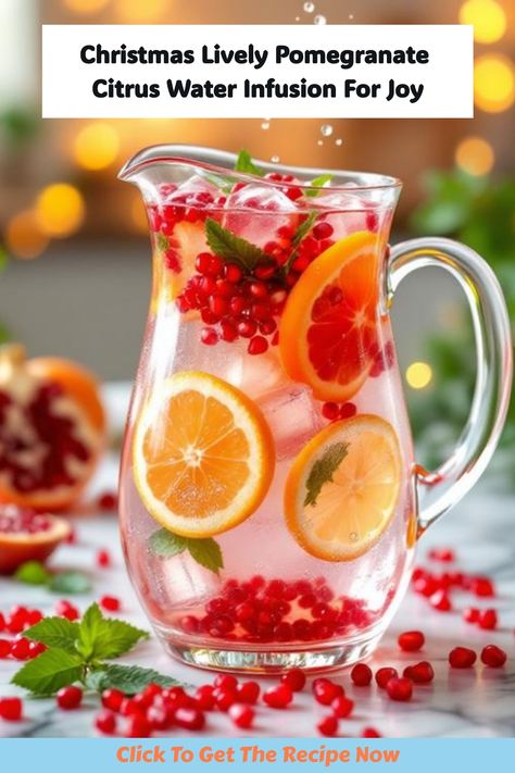 Lively pomegranate citrus water infusion that adds joy and color to your holiday table. Flavored Waters For Party, Grapefruit Infused Water, Cranberry Orange Infused Water, Christmas Fruit Water, Pomegranate Infused Water, Thanksgiving Infused Water, Infused Water For Thanksgiving, Holiday Water Recipes, Flavored Water For Parties