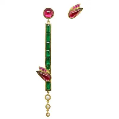 Ruby Tourmaline, Bamboo Jewelry, Plant Jewelry, Contemporary Jewelry Design, Art Jewelry Design, Long Earring, Chinese Jewelry, Jeweled Earrings, Rainbow Earrings