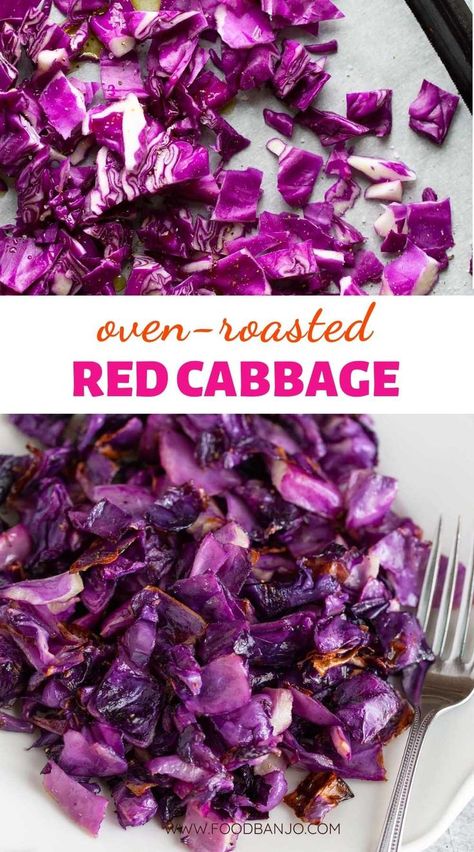 roasted red cabbage on a white plate with a fork Purple Cabbage Recipes, Roasted Red Cabbage, Red Cabbage Recipes, Yummy Vegetable Recipes, Red Cabbage Salad, Roasted Cabbage, Low Carb Low Sugar, Tea Party Food, Easy Side Dish