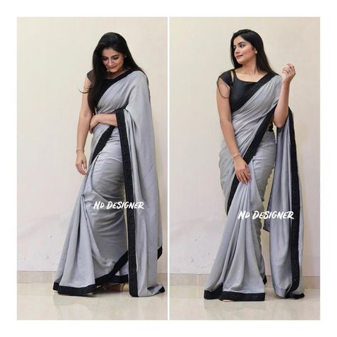 Grey Saree With Black Blouse, Saree Black Blouse, Saree With Black Blouse, Diamond Saree, Saree Black, India Fabric, Grey Saree, Designer Sarees, Black Border