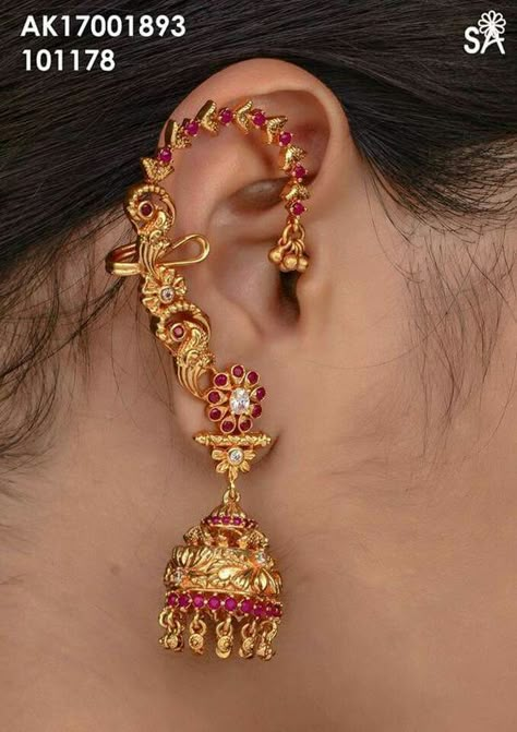 Gold Buttalu, Ear Designs, Brown Clothes, Silver Ear Cuff Earrings, Rajputi Jewellery, Gold Jhumka, Simple Jewellery, Gold Jhumka Earrings, Neck Pieces Jewelry