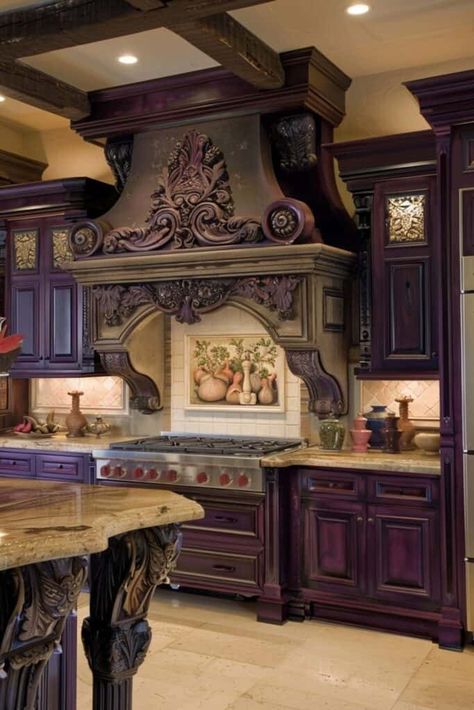 tuscan purple kitchen Purple Kitchens, Mixing Modern And Farmhouse, Purple Kitchen Cabinets, Purple Kitchen Designs, Lilac Walls, Magical Spaces, Lavender Walls, Witchy House, Bold Kitchen