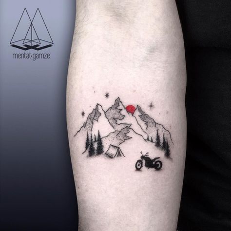 Artist Celebrates Change with Eye-Catching Red Dot Tattoo Jeep Tattoo, Berg Tattoo, Camping Tattoo, Tattoo Modern, Motorcycle Tattoo, Mountain Tattoo Simple, Adventure Tattoo, Becoming A Tattoo Artist, Bike Tattoos