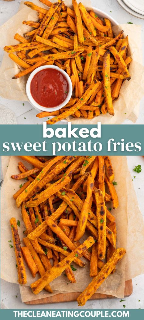 The best Baked Sweet Potato Fries! This recipe for Crispy Sweet Potato Fries is easy to make in the oven - healthy and delicious! These go great with any of your favorite dips and main dishes like chicken nuggets, chicken tenders, or a salad! Vegan Bechamel, Best Baked Sweet Potato, Clean Eating Baking, Eating Veggies, Baked Sweet Potato Fries, Sweet Potato Recipes Healthy, Crispy Sweet Potato Fries, Sweet Potato Fries Baked, Crispy Sweet Potato