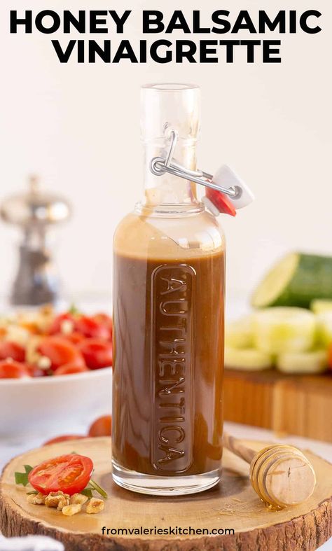 This sweet and tangy Honey Balsamic Vinaigrette takes just minutes to make and will take your salads to the next level! #salad #saladdressing #vinaigrette #balsamic #healthyrecipes Vinegrette Recipe, Balsamic Vinegrette, Salad Dressing Recipes Vinaigrette, Balsamic Vinegarette, Honey Balsamic Dressing, Honey Balsamic Vinaigrette, Salad With Balsamic Dressing, Fresh Strawberry Recipes, Balsamic Vinaigrette Dressing